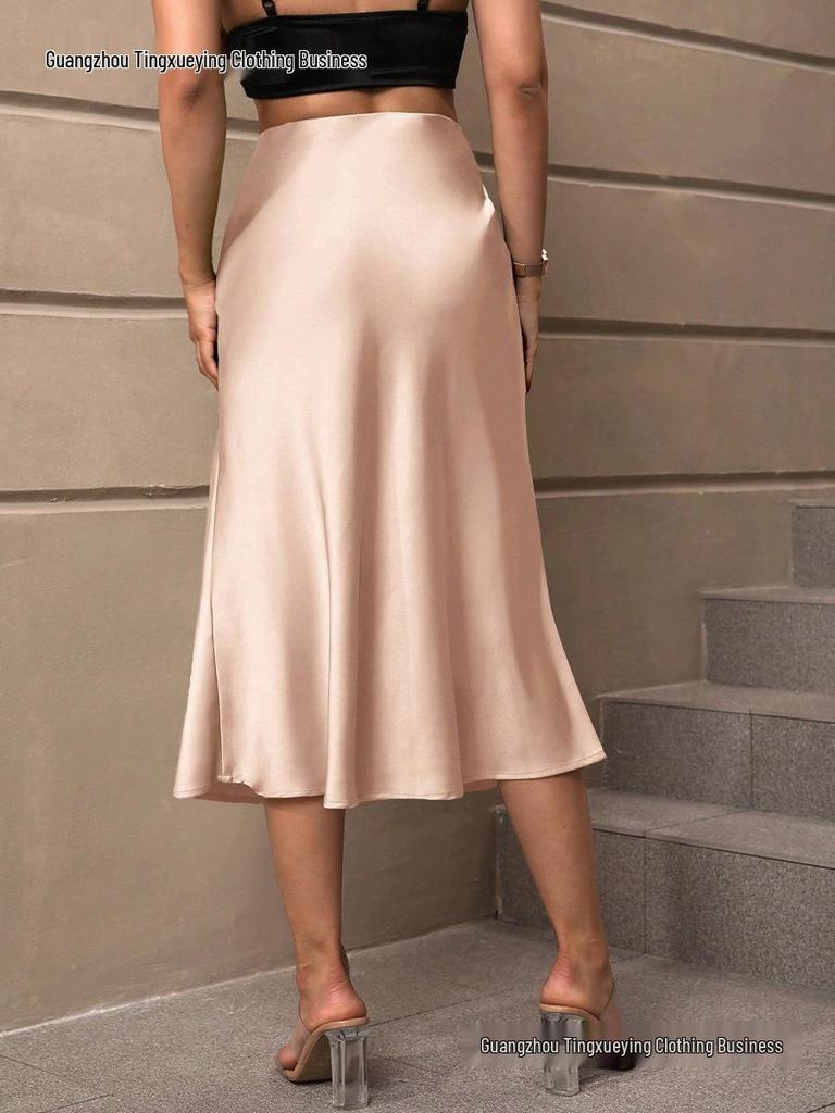 European & American Satin A-line Midi Skirt – Elegant Style, Polyester Fabric
