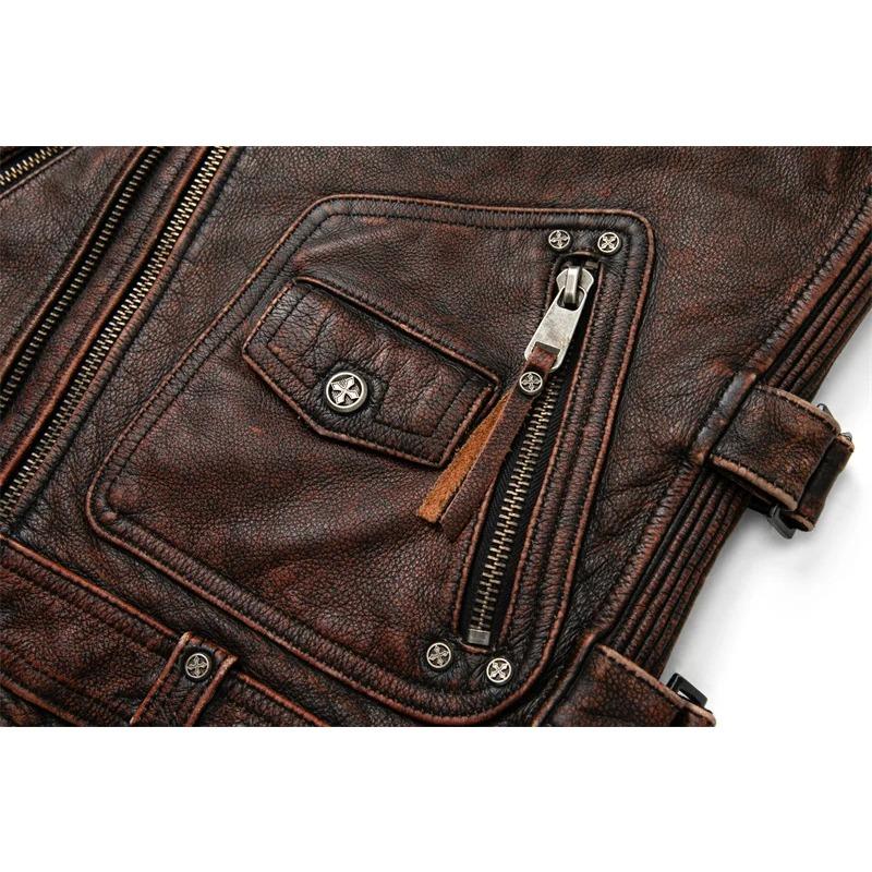 Čínská velikost Vintage hnědé motocyklové vesty Muži Přírodní hovězí kůže Bunda z pravé kůže Pánská jezdecká vesta bez rukávů Motorkářské bundy