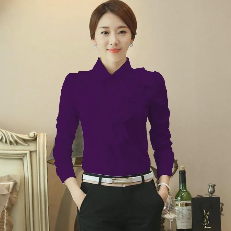 

Весняна приталена жіноча сорочка з довгим рукавом і білим шифоновим коміром у корейському стилі S фіолетовий