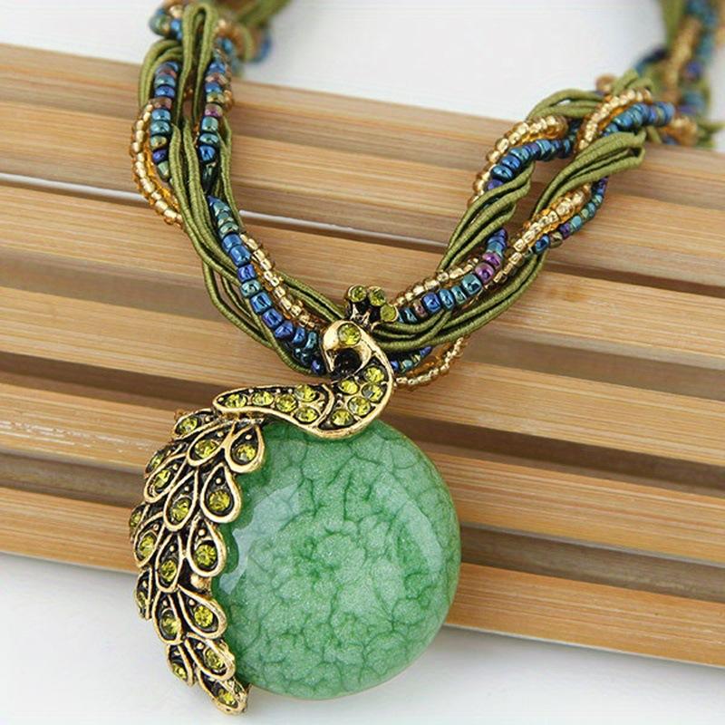 Handmade Rice Beads, Ethnic Retro Sweater Chain, Peacock Gemstone Pendant Necklace.