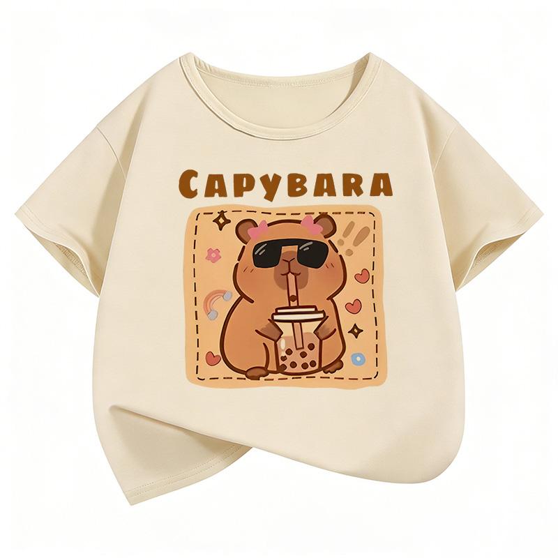 Boys and Girls Summer and Spring Casual Funny Capybara Drinking Juice Design Cartoon Children's T-shirt