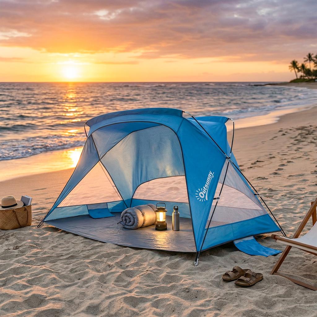 Beach Tent for 2-3 People with Sandbags, Door, Windows, UPF30+ Carrying Bag Pocket Sky Blue