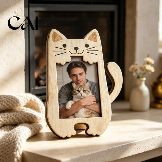Cadre Photo Minimaliste en Bois de Pin Cadre Photo Animal Mignon, Support en Bois Rustique, Chat Petit pour Étagère Ours Bureau à Domicile Affichage Support Polyvalent