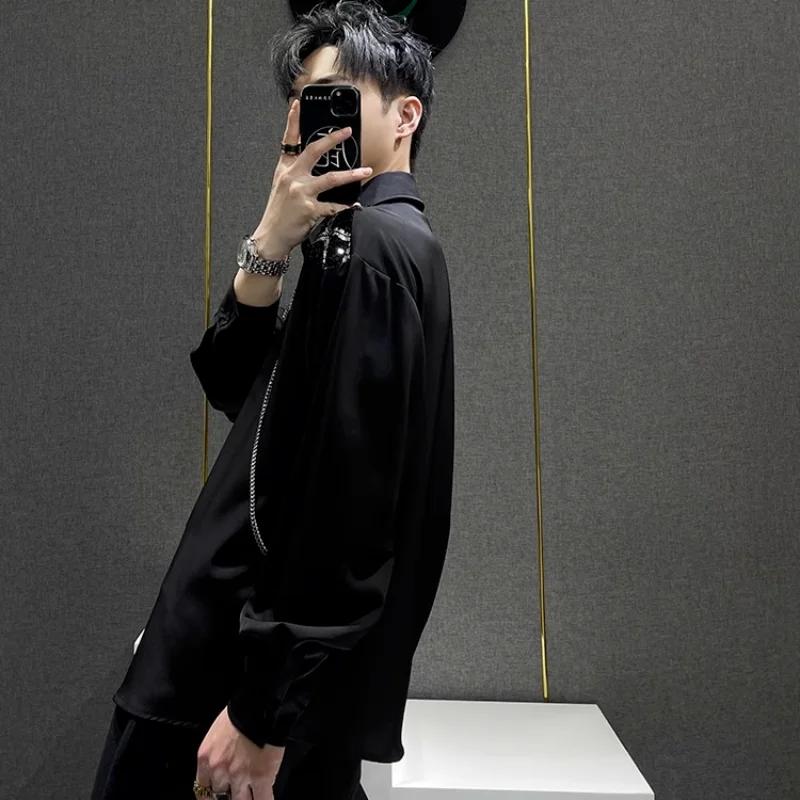 Men Trendy Brand Handsome Loose Spliced Sequin Design Chain Shirt