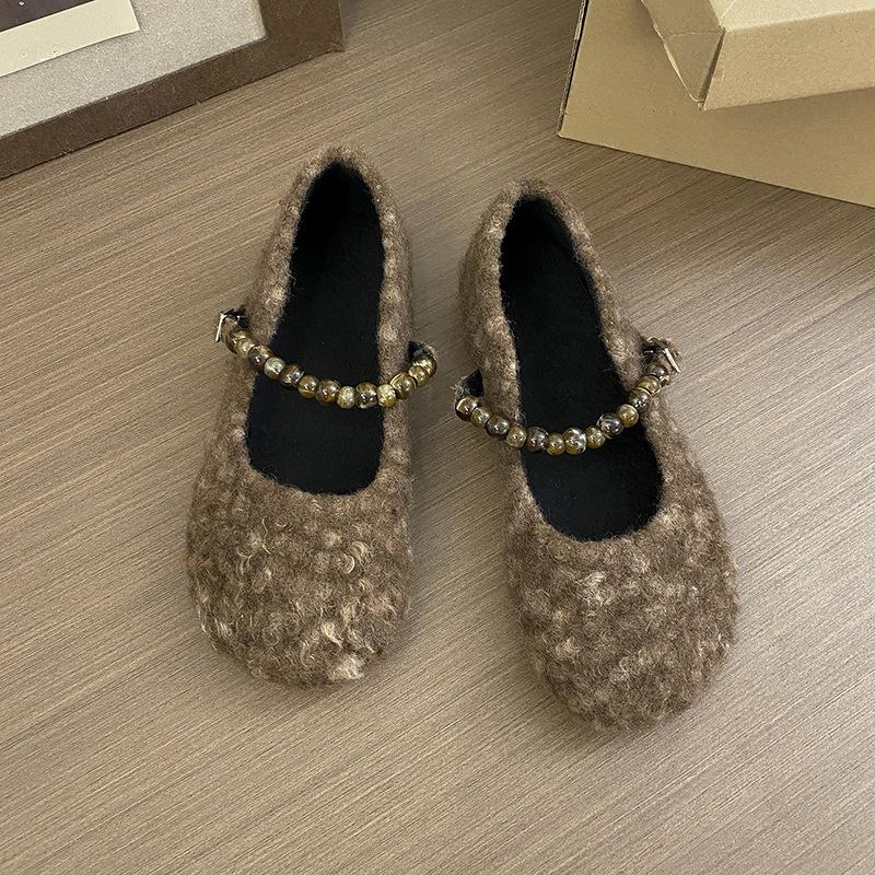 

Французские феи с плоской подошвой, ветер, ягненок, шерсть, круглая голова, жемчужное слово, с пушистой обувью, женская одежда, осень и зима, новая хлопковая одинарная обувь 40 коричневый