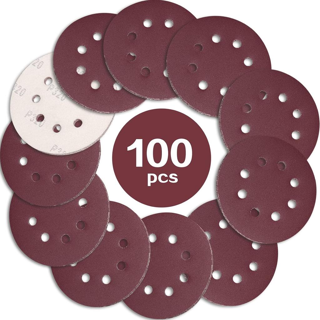 100PCS 125mm Sanding Discs, 5 Inch 8 Hole Hook and Loop Sanding Pads for Random Orbital Sander(40 to 2000Grits)
