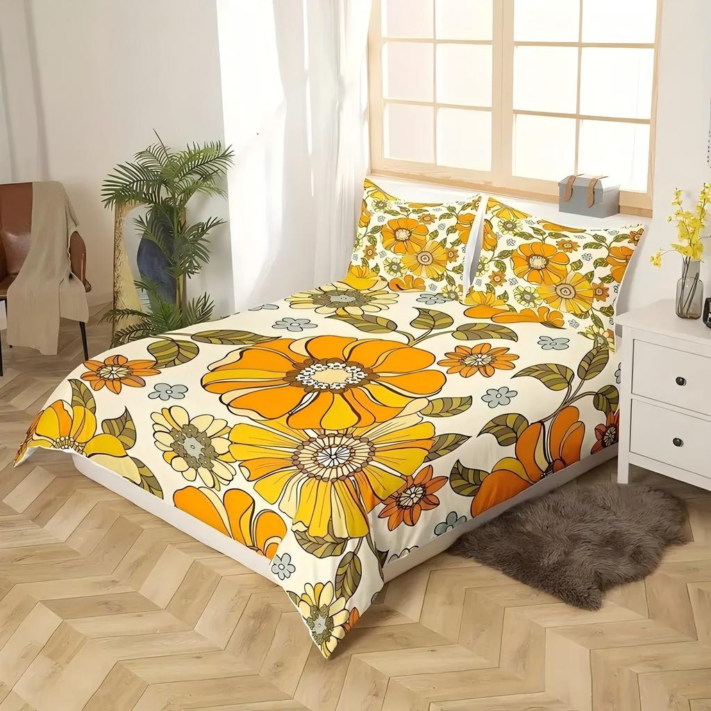 Yellow Flowers Pattern 3D Printed Duvet Cover Elegant Rural Style Bedding Set Soft Comfortable Breathable Luxury Quilt Cover Set