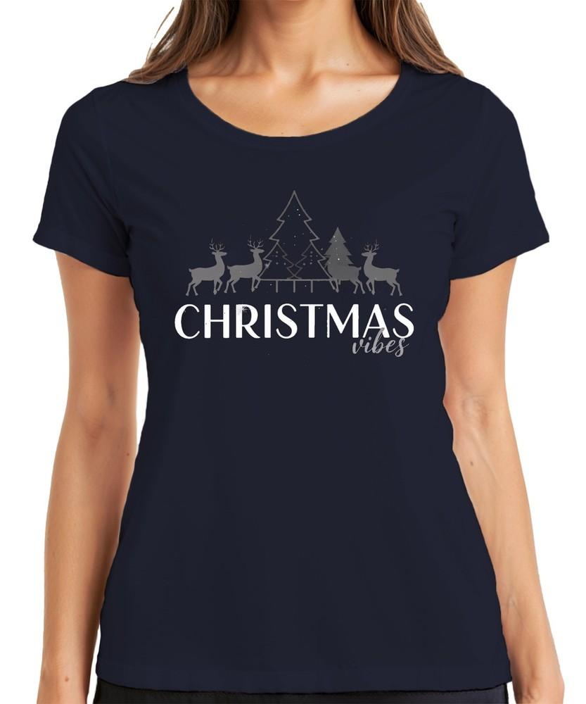 Christmas Vibes Christmas Reindeer Christmas Tree Snowflakes Ladies TShirt S