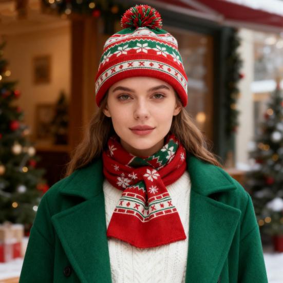 2Pcs/Set Winter Hat Scarf Set Knitting Technology Nordic Style Snowflake Pine Tree Pattern Fur Ball Hat Wide Scarf Set