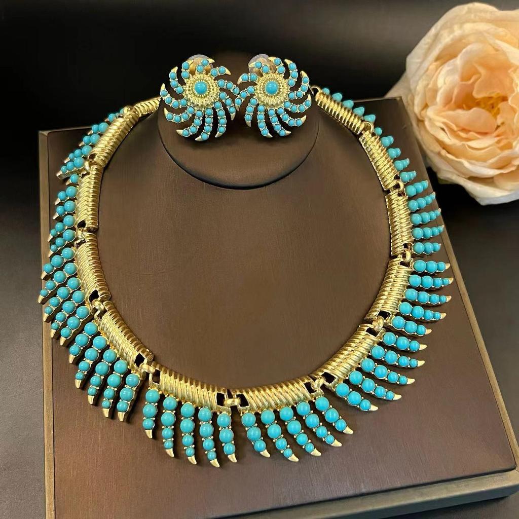 Vintage Cui Jia Luxusní Tyrkysový Náhrdelník a Sada Náušnic - Kolekce Ohňostrojů Letní Choker