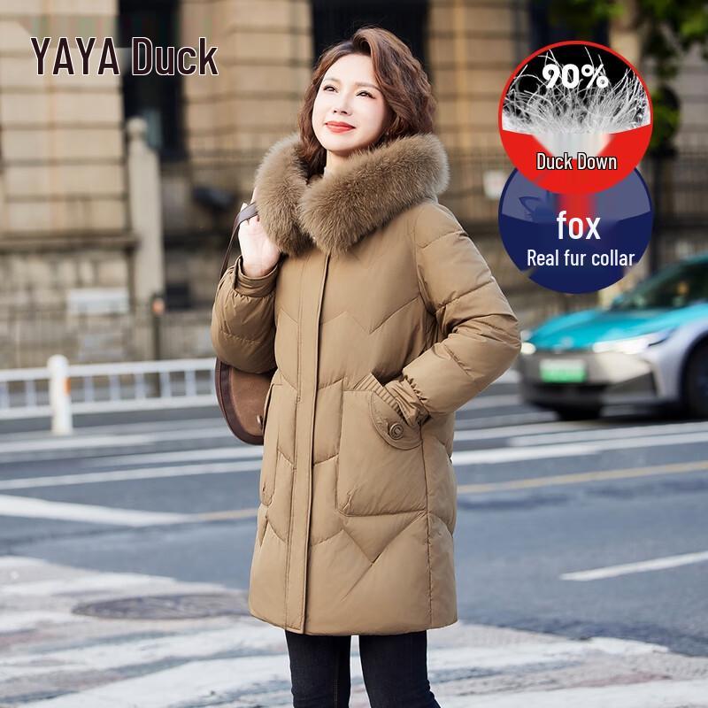 YAYA Women's 2025 Winter Mid-Length Hooded Down Jacket with Fox Fur Collar