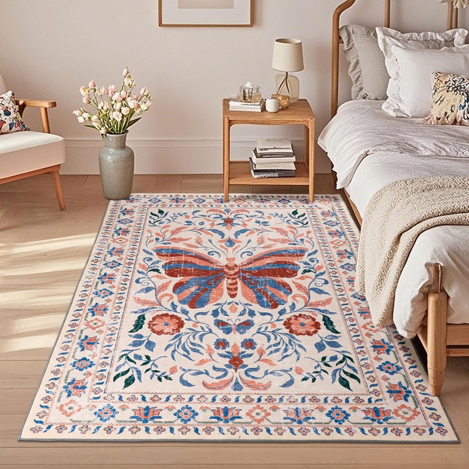 

Pink Living Room Carpet Retro Butterfly Floral Print Bedroom Rug Machine Washable Non-slip Coffee Table Sofa Mats Tapis Alfombra 50x80cm (19x31inch)