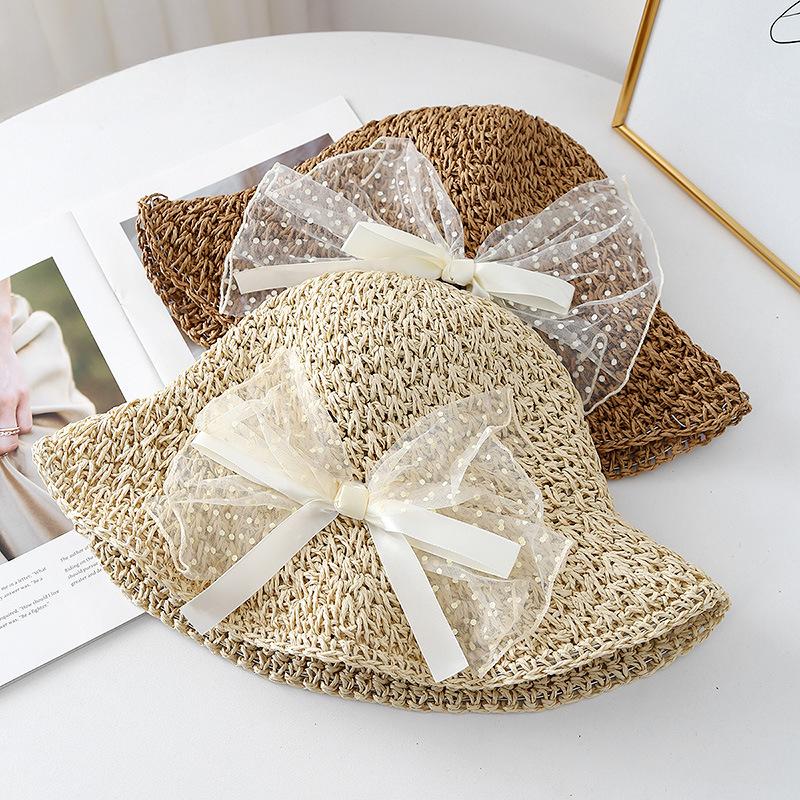 Lace Bow Straw Hat Summer Women's Beach Vacation Sun Hat Foldable Sunshade Sunscreen Bucket Hat
