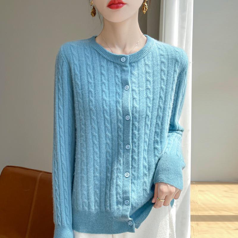 White Cable Knit Cardigan Coat - Women's Korean Slim Fit, Autumn Long Sleeve Sweater
