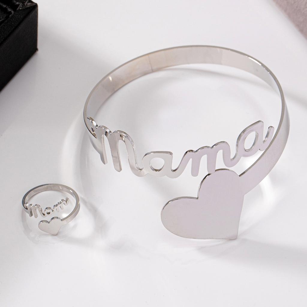 1 Set Of Stylish Minimalist Metal Letters Love Mama Open Women'S Bracelet Ring Set Mother'S Day Gift