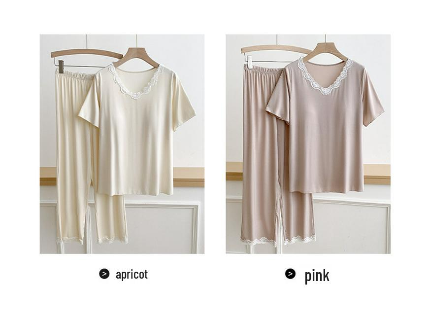 Women's Short-Sleeve Pajama Set with Built-in Bra, Summer Ice Silk Two-Piece, Casual Long Pants, Home Comfort Wear.