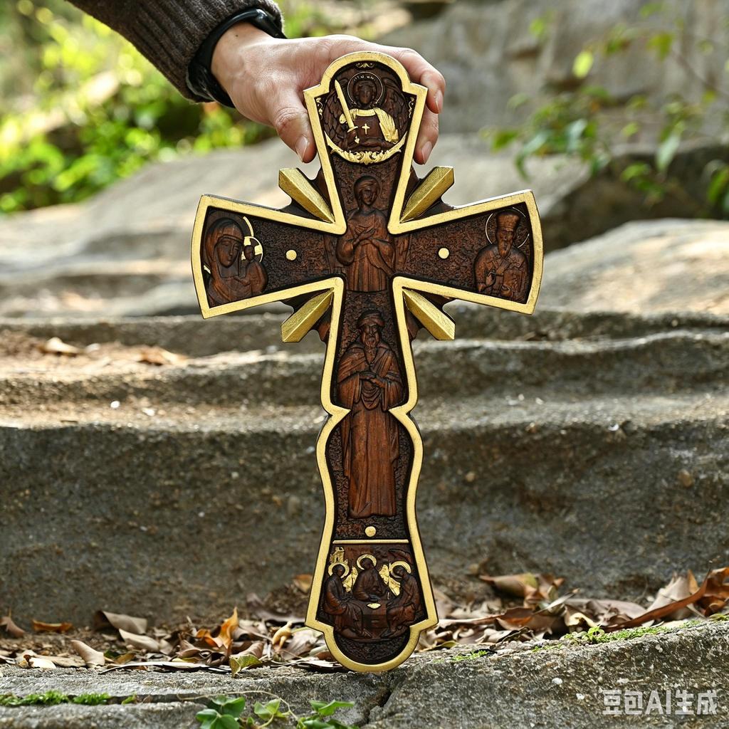 Gold-Trim Natural Log Wooden Cross-Shaped Hanging Art Ornament Wall Decor