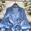 V Neck Puff Sleeve Satin Lace-up Solid Color Dresses for Women French Chic Pleated Dress Spring Women Dresses