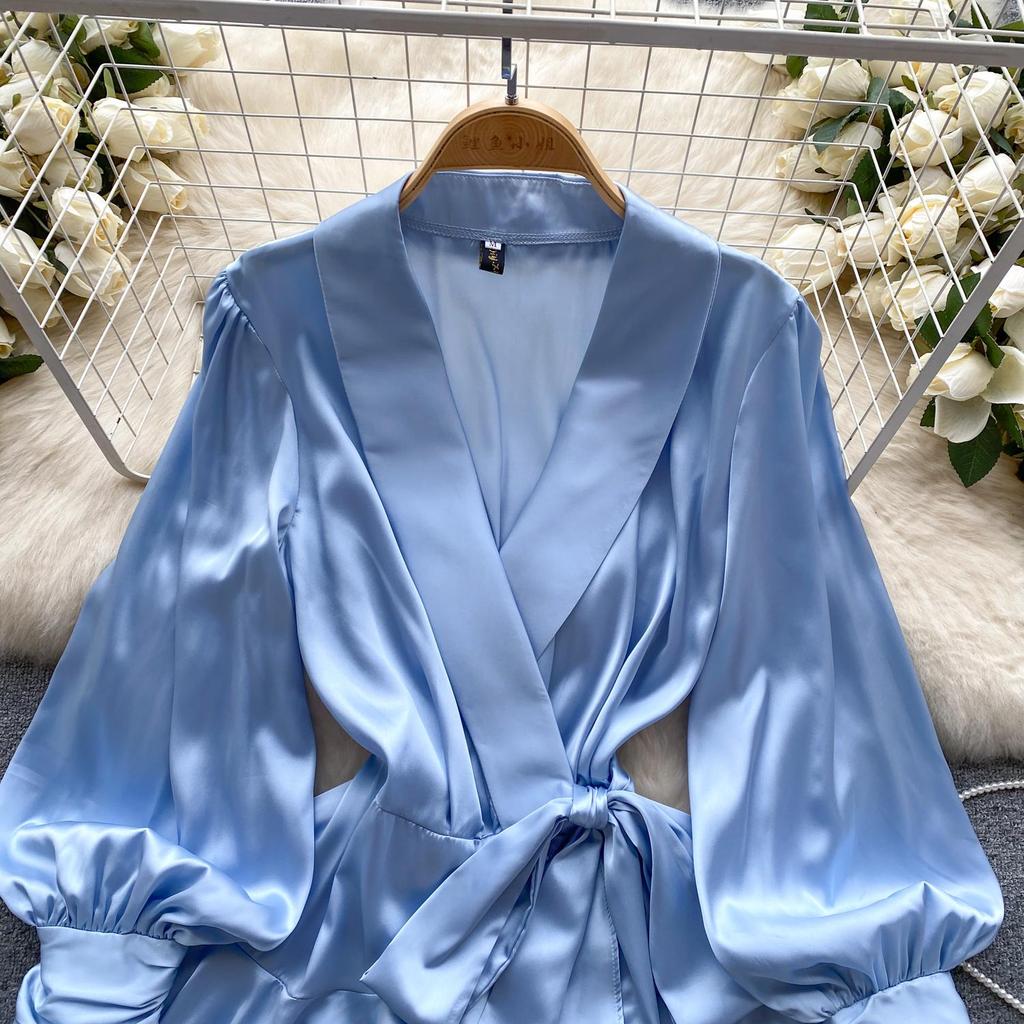 V Neck Puff Sleeve Satin Lace-up Solid Color Dresses for Women French Chic Pleated Dress Spring Women Dresses