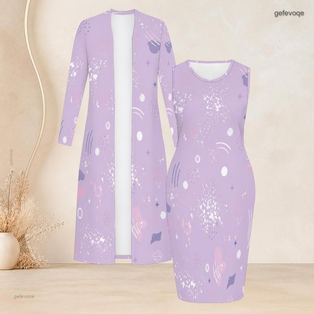 Women Plus Size Two Piece Set Black Blue Printed Long Sleeve Open Front Cardigan Sleeveless Bodycon Dress