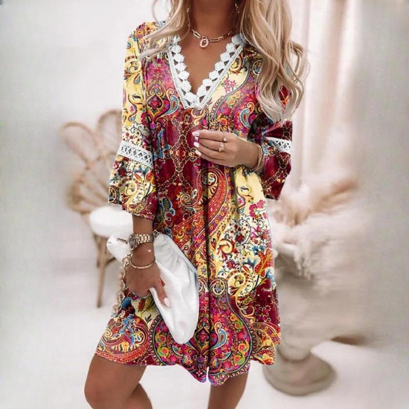 

IHUASU Женские весенние платья с V-образным вырезом, принтом, кружевной вставкой, в богемном стиле, в повседневном стиле для отпуска M бордовый