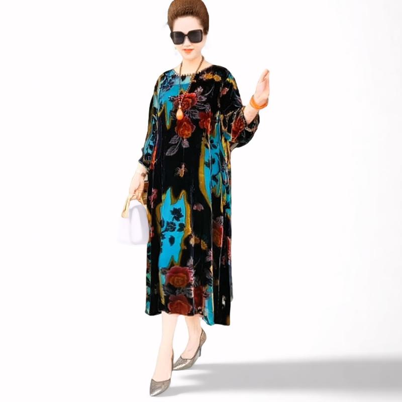 Frühling/Sommer Damen Übergröße Kleid Vintage Bedrucktes Samtkleid Lockerer Rundhalsausschnitt Langes Blumenkleid