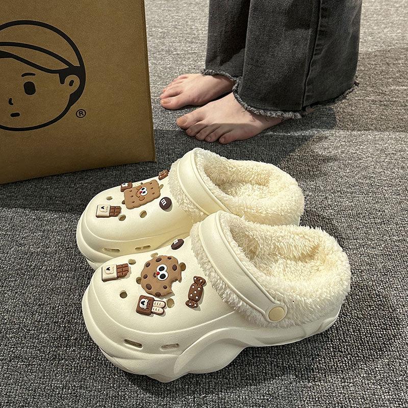 New velvet hole shoes women's winter non-slip outer wear cotton shoes heightened thick-soled home removable cotton slippers