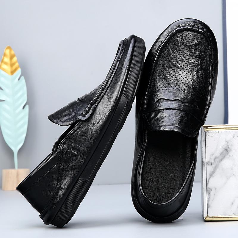 2025 spring men's one-pedal leather hollow breathable casual Doudou shoes Korean version versatile low-top men's shoes leather shoes