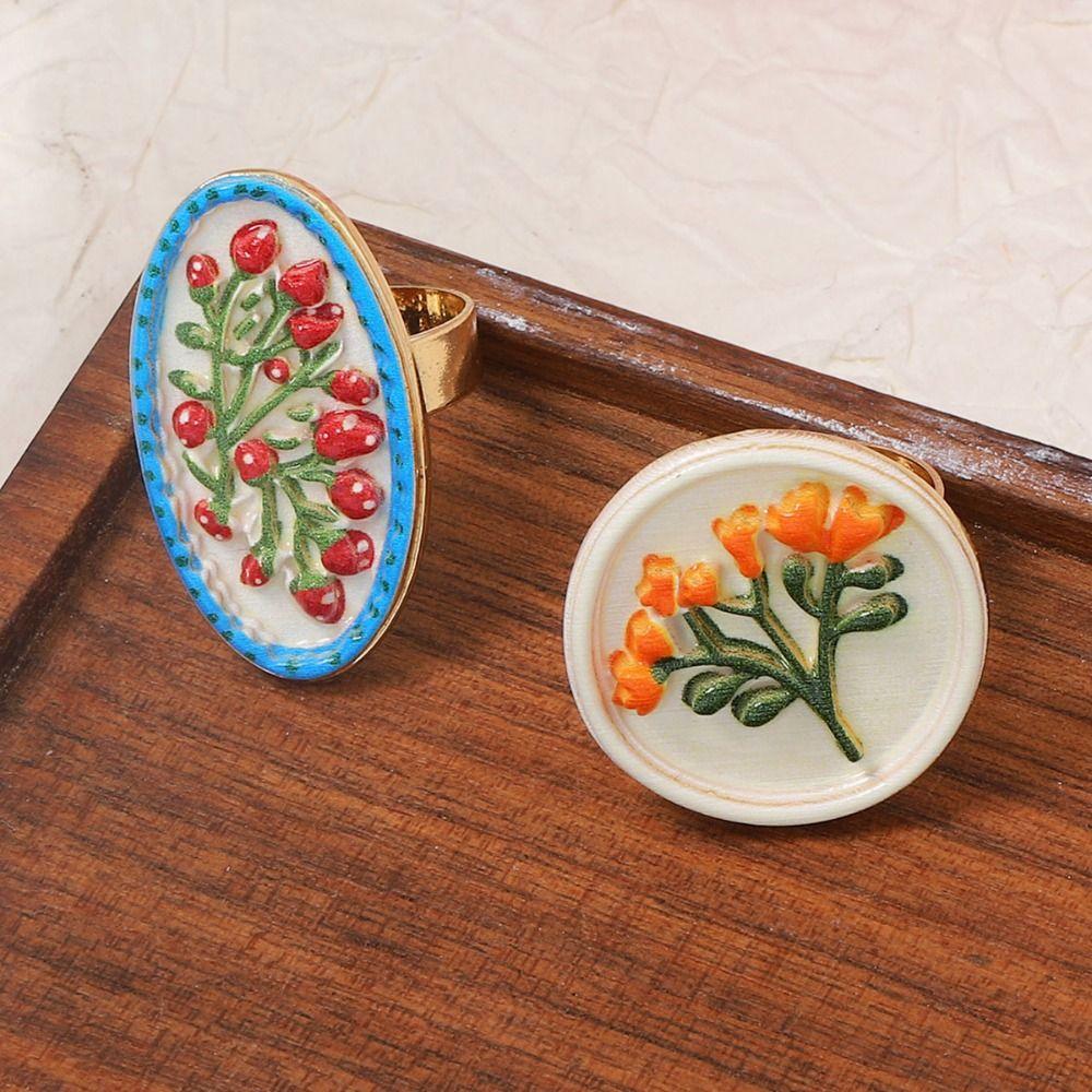 French Vintage Ring Printing Opening Ring Exquisite Enamel Flower Ring Jewelry