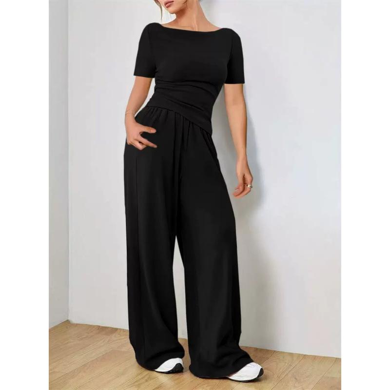 Women's Navy Blue One-Shoulder Long Sleeve Wide Leg Jumpsuit
