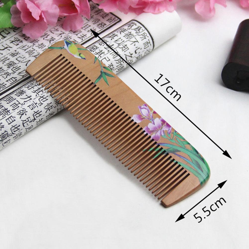 Painted Flower Peach Wood Healthy Scalp Massage Anti-Static Comb Hair Care Tool