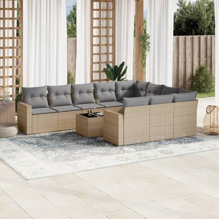 VidaXL Salon de Jardin avec Coussins 11 pcs, Canapés de Terrasse, Ensemble de Meubles de Patio, Mobilier d'Extérieur, Beige 3219489