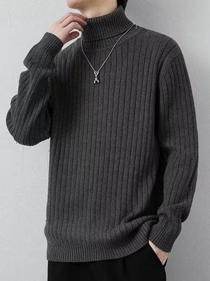 Pull en tricot rayé à col haut pour homme - Épais, ample, couleur unie, couche de base d'hiver