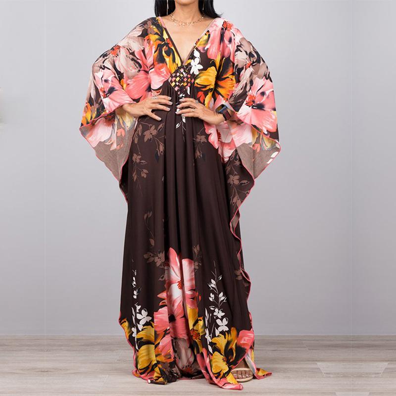 2022 Potisk přikrývky Sexy Hluboké letní plážové šaty s výstřihem do V Tunika Kaftan Ženy Plážové oblečení Plavky Zahalovací župan De Plage Q1289