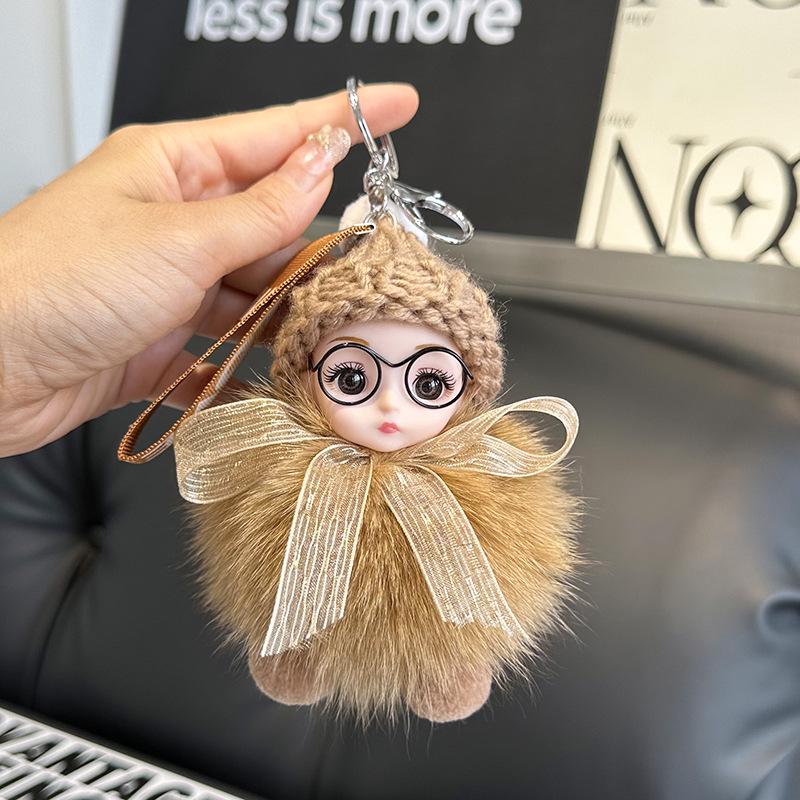 

Plush Fox Fur Doll Keychain: Cute Barbie-Inspired Bag Charm for Couples