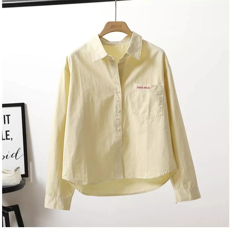 Short Cotton Shirt Women's Spring Summer Coat Fashion Letter Pocket Jacket Long Sleeve Casual Blouse Joker Ladies Tops