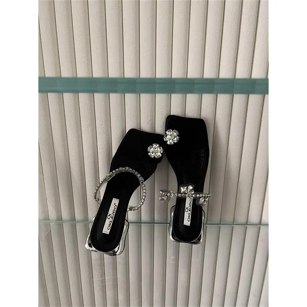 

Женские тапочки с кристаллами, модные туфли на среднем каблуке 2024 года, шлепанцы с клипсой на носке, летние новые шлепанцы, сандалии, туфли, платье, вечеринка для женщин 39