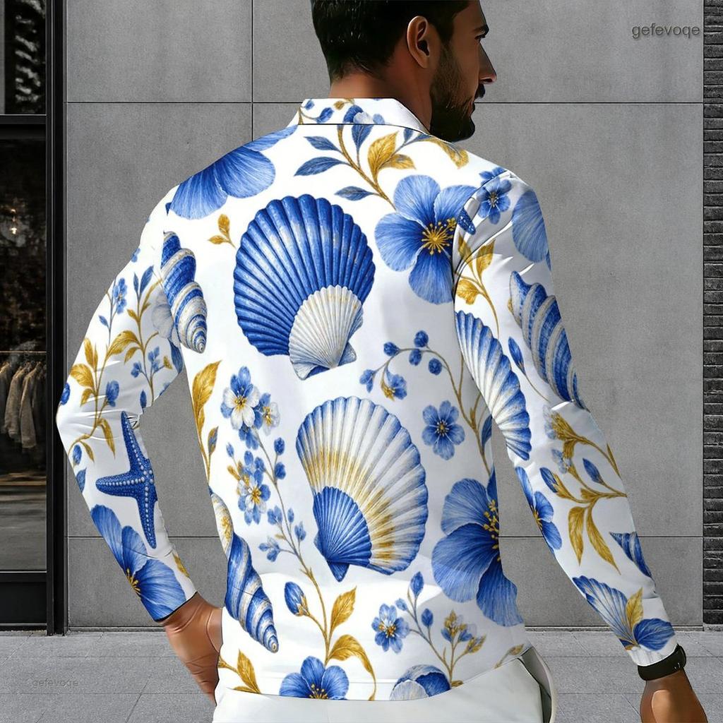 Men Plus Size Long Sleeve Quarter Zip Polo Shirt Blue Seashell Floral Print