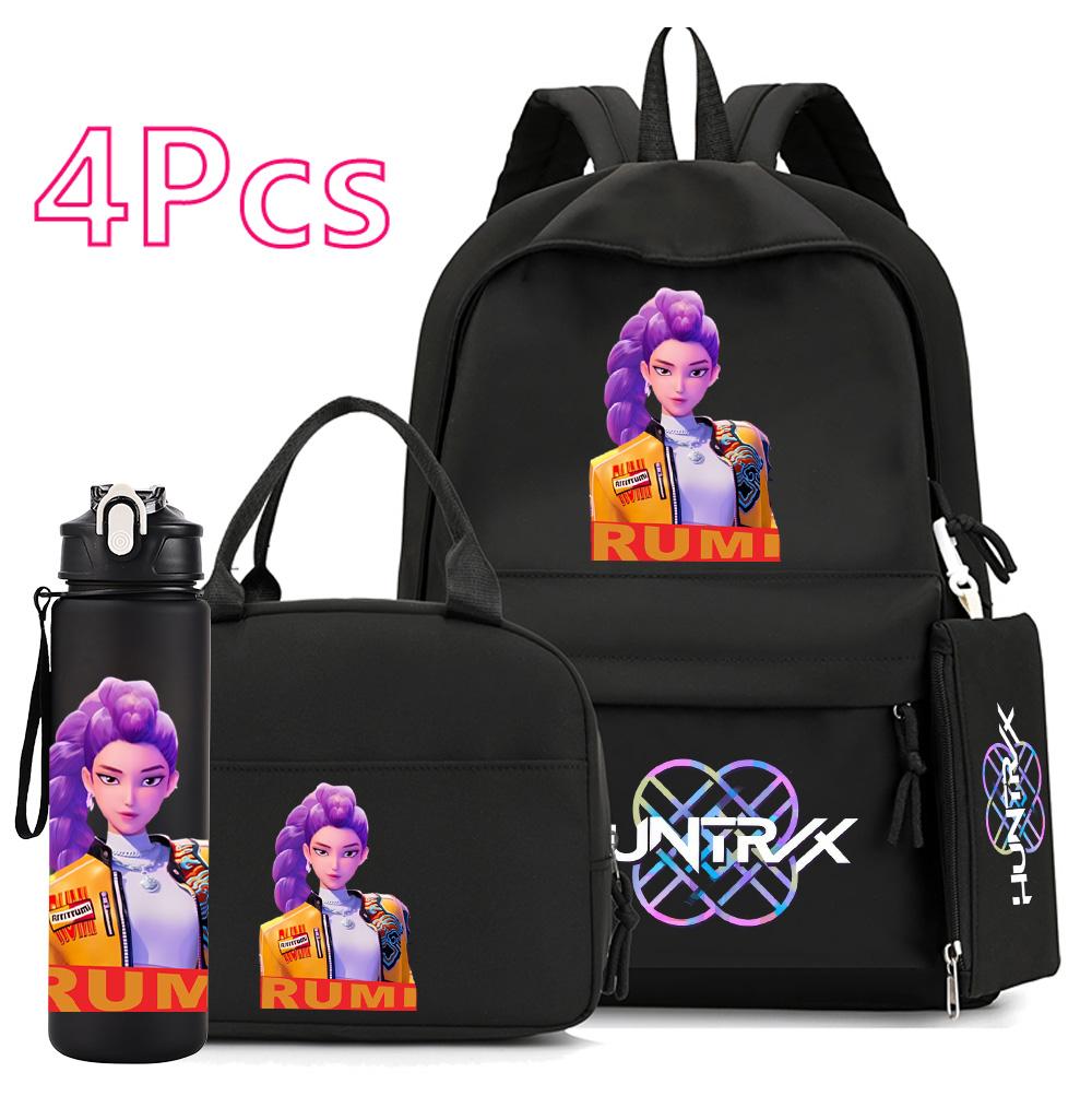 4Pcs/set Anime Demon Hunters Printed 750Ml Water Bottler Backpack Handbag Pencil Case for Teenager Boy Girl Large Capacity Waterproof Schoolbag