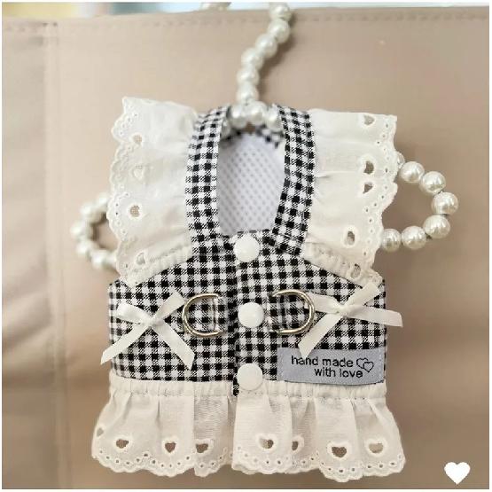 Pet Dog Clothes Lace Skirt Pastoral Style Black Plaid  Harness Puppy Dresses Universal Harness Tractionable Retro Princess Dress