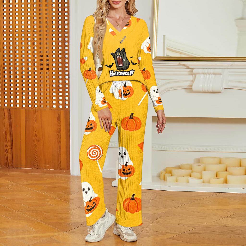 Women's Halloween Print Long Sleeve V-Neck Loose Fit Pajama Set with Pockets