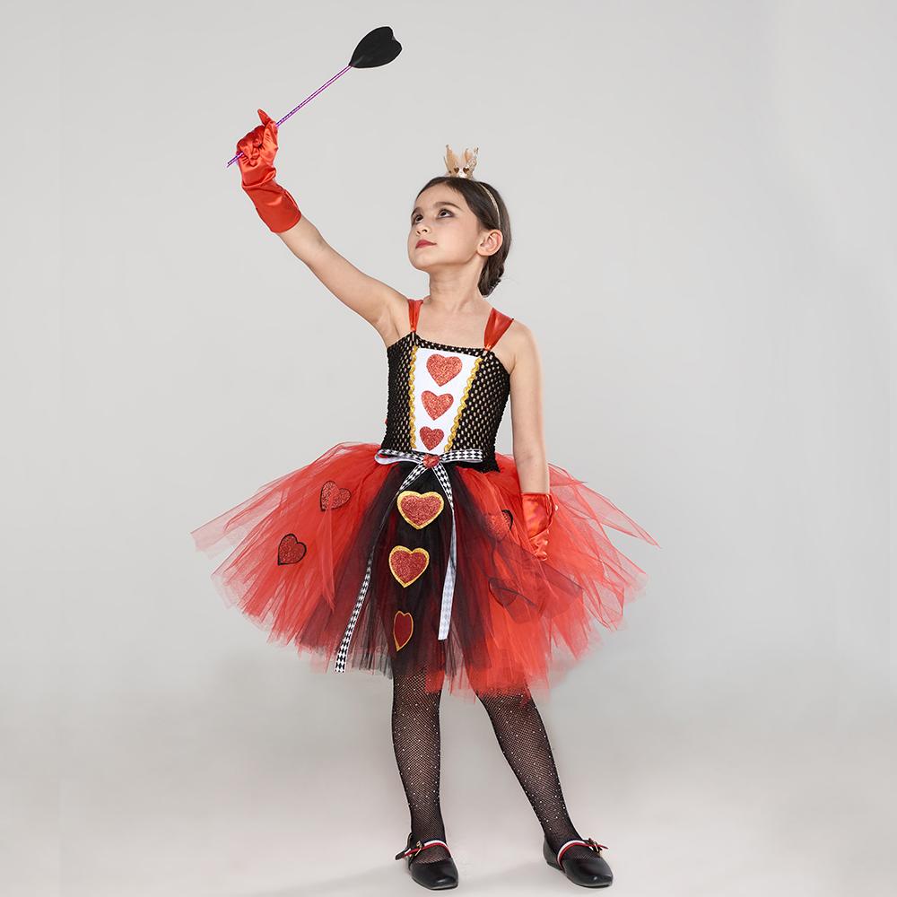 Girls Queen of Hearts Costume Kids Halloween Dress Up Fancy Tutu Dress with Crown Classic Wonderland Red Queen Gown Clothes
