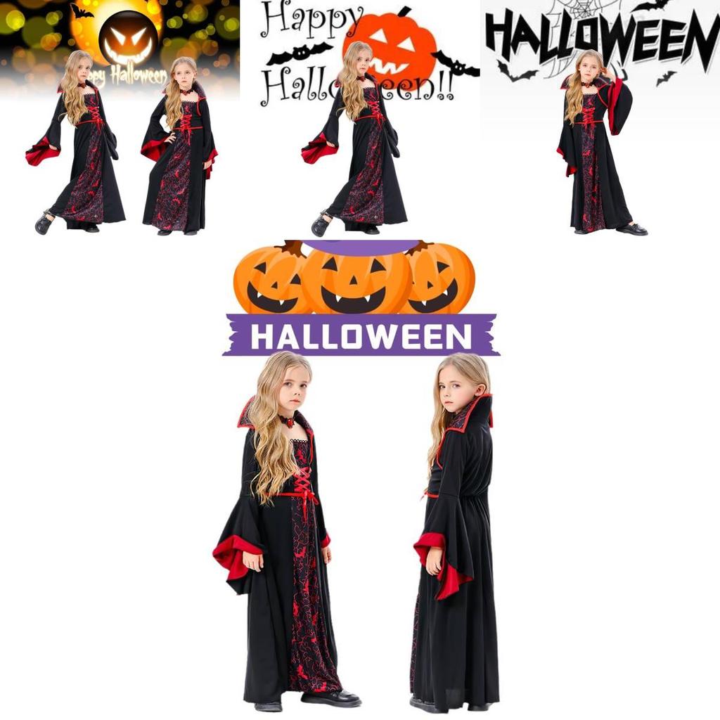 Spooky Halloween Witch Costume For Kids Black Polyester Scary Girl Party Outfit