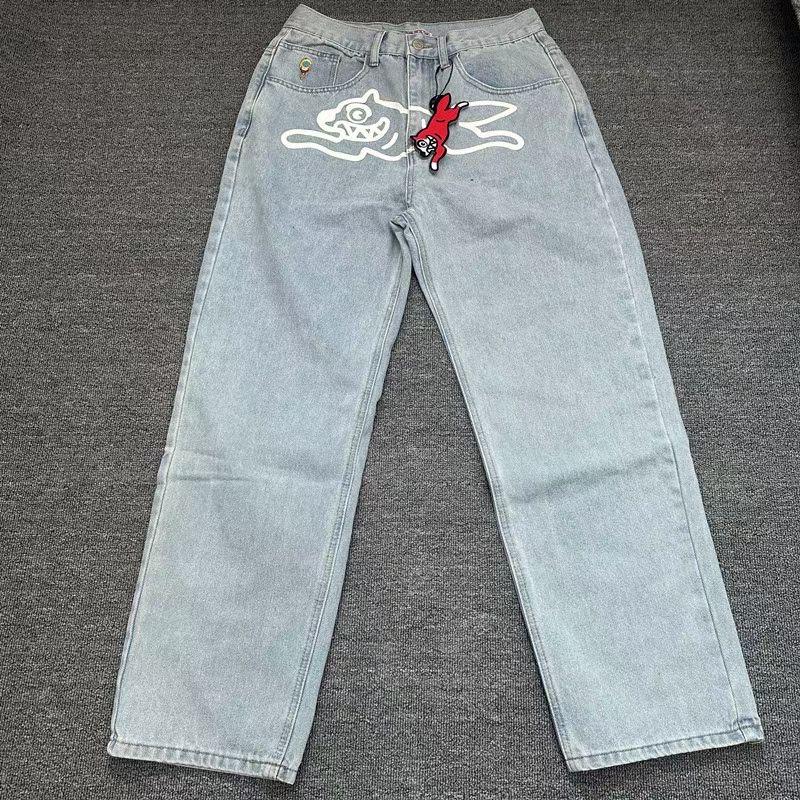 

ZYLLO American Jeans Icecream Running Dog Emboridery Wide Jeans Fashion Streetwear Denim Jeans Men 30 світло-синій колір