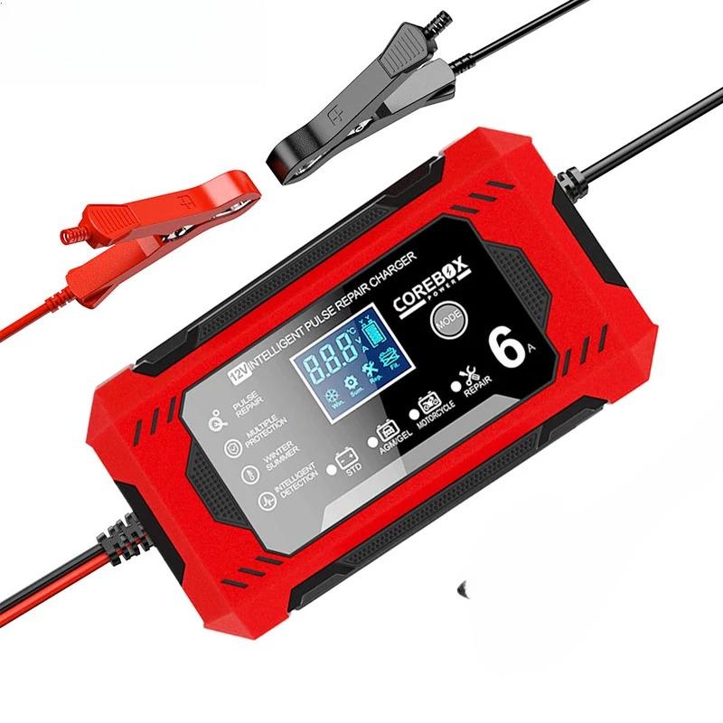 

12 В 6 А полностью автоматическое зарядное устройство для автомобильных аккумуляторов Устройство для зарядки аккумуляторов автомобилей и мотоциклов Свинцово-кислотный аккумулятор Умный ремонт ЖК-дисплей US Plug красный