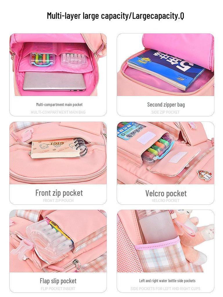 Girls' Trendy Lightweight Backpack: Spine-Protective, Double Shoulder Design for Grades 3-6