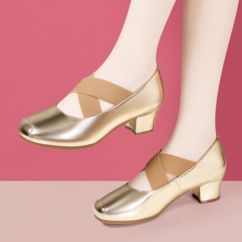 

4 см Модные Удобные Туфли Мэри Джейн из Натуральной Кожи с Неглубоким Вырезом Весна 2025 Туфли на Среднем Блочном Каблуке для Офиса Мамы Танцев 42 золотой