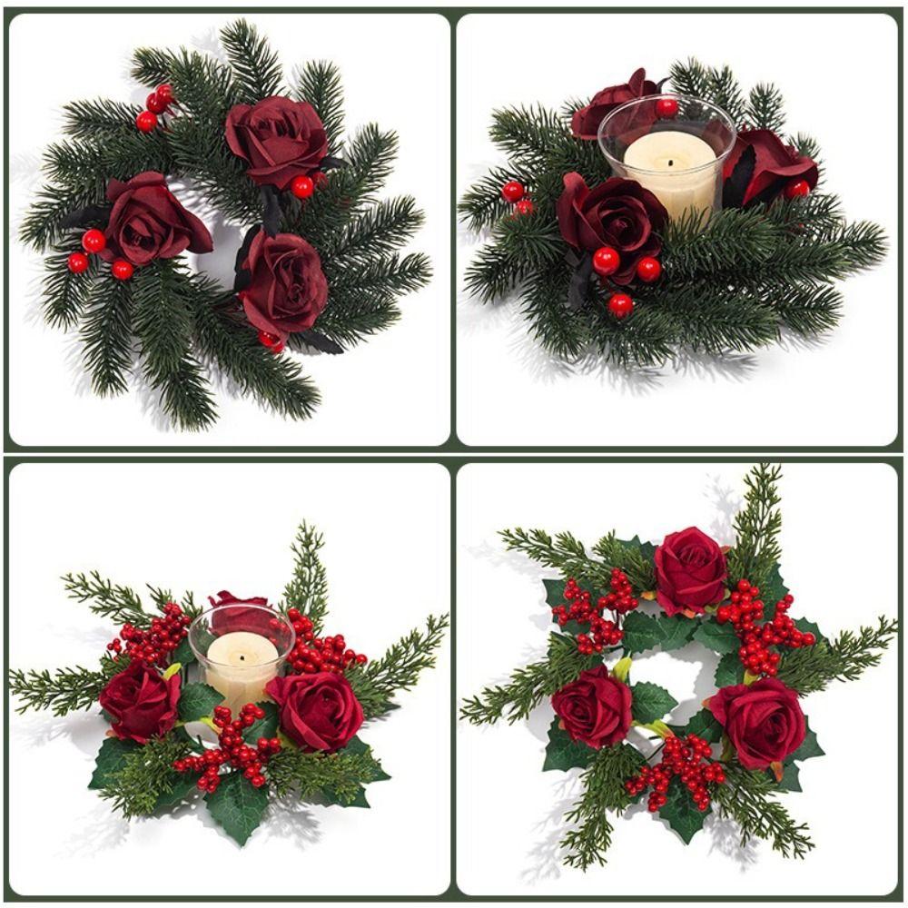 20cm Christmas Candlestick Wreath Handmade DIY Simulation Pine Branch Rose Flower Elegant Red Berry Candle Wreaths