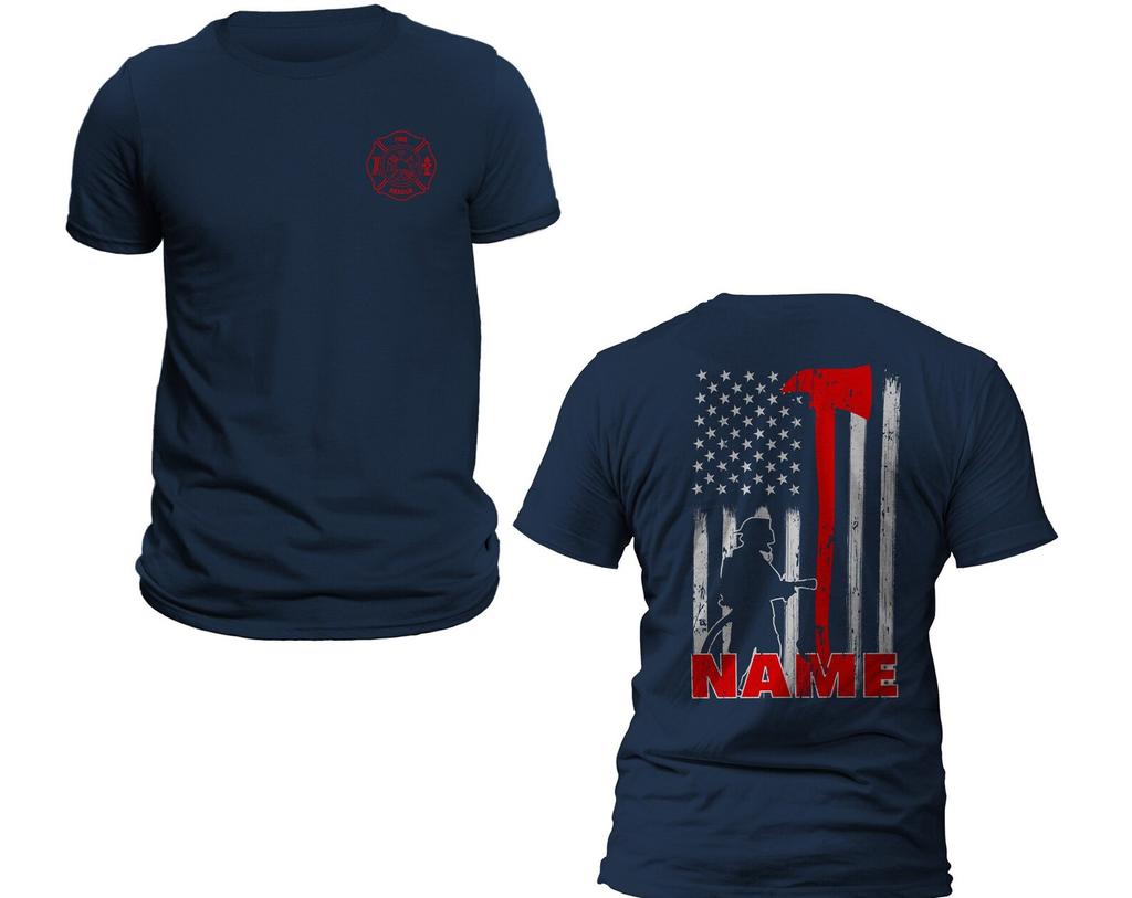 Personalized Firefighter T-Shirt and kids tshirt Custom Name Thin Red Line Flag Axe Design