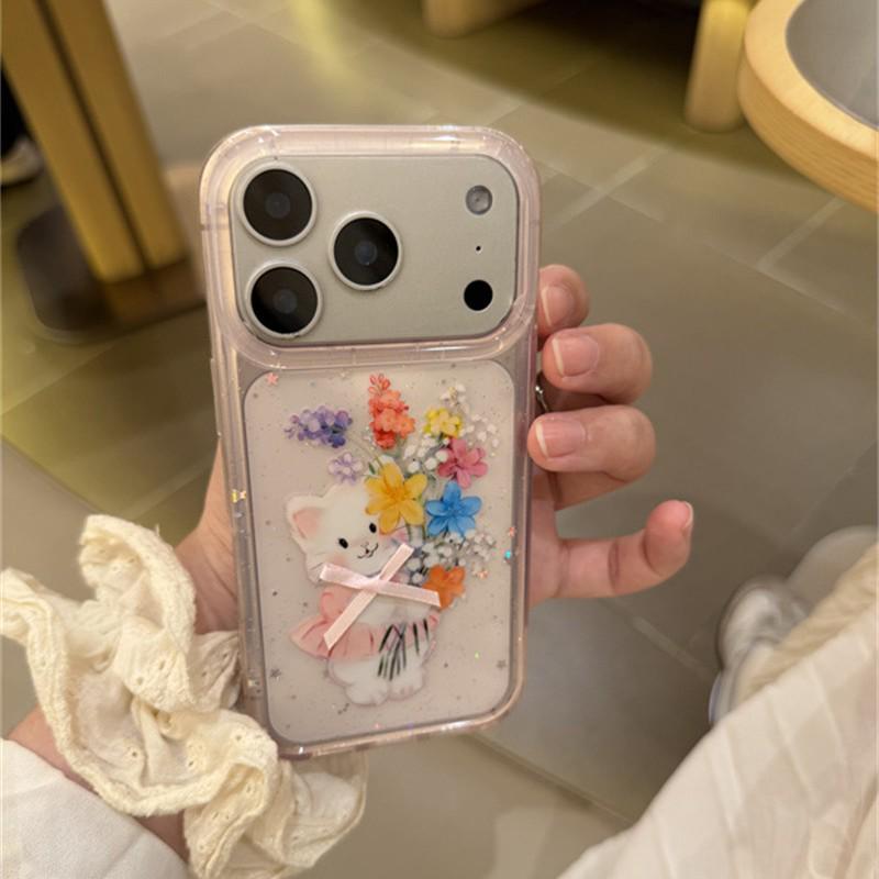 High-End Light Pink Floral Cat Hand Strap for iPhone 17/16 Pro Max/15/14 Case